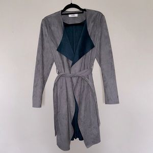 Badgley Mischka Faux Suede Gray and Teal Wrap Trench Coat with Pockets